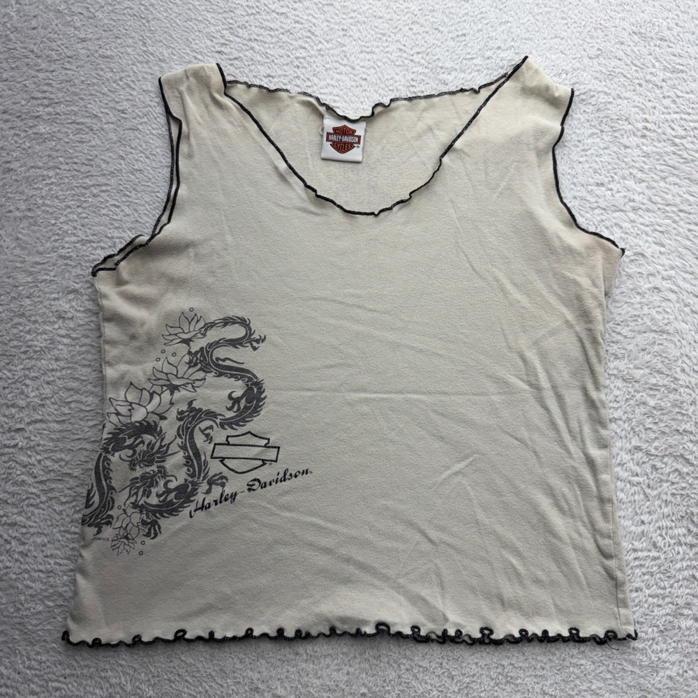 Vintage 2006 Harley-Davidson Tank Top Dragon Hawaii Lettuce Edge Cream Womens M